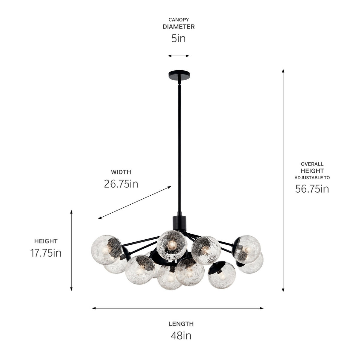 KICHLER 52703BK Silvarious 48 Inch 12 Light Linear Convertible Chandelier With Clear Crackled Glass In Black