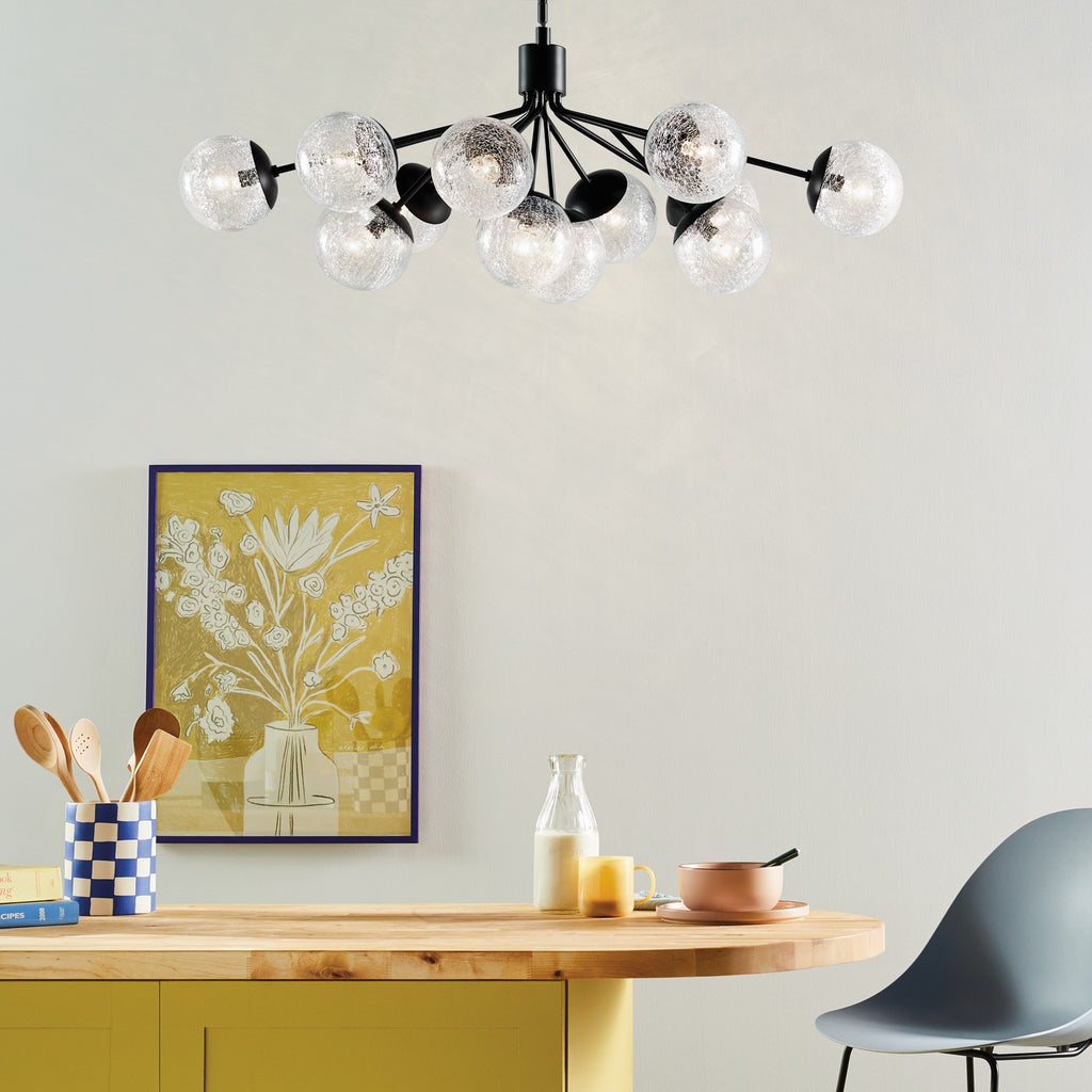 KICHLER 52703BK Silvarious 48 Inch 12 Light Linear Convertible Chandelier With Clear Crackled Glass In Black