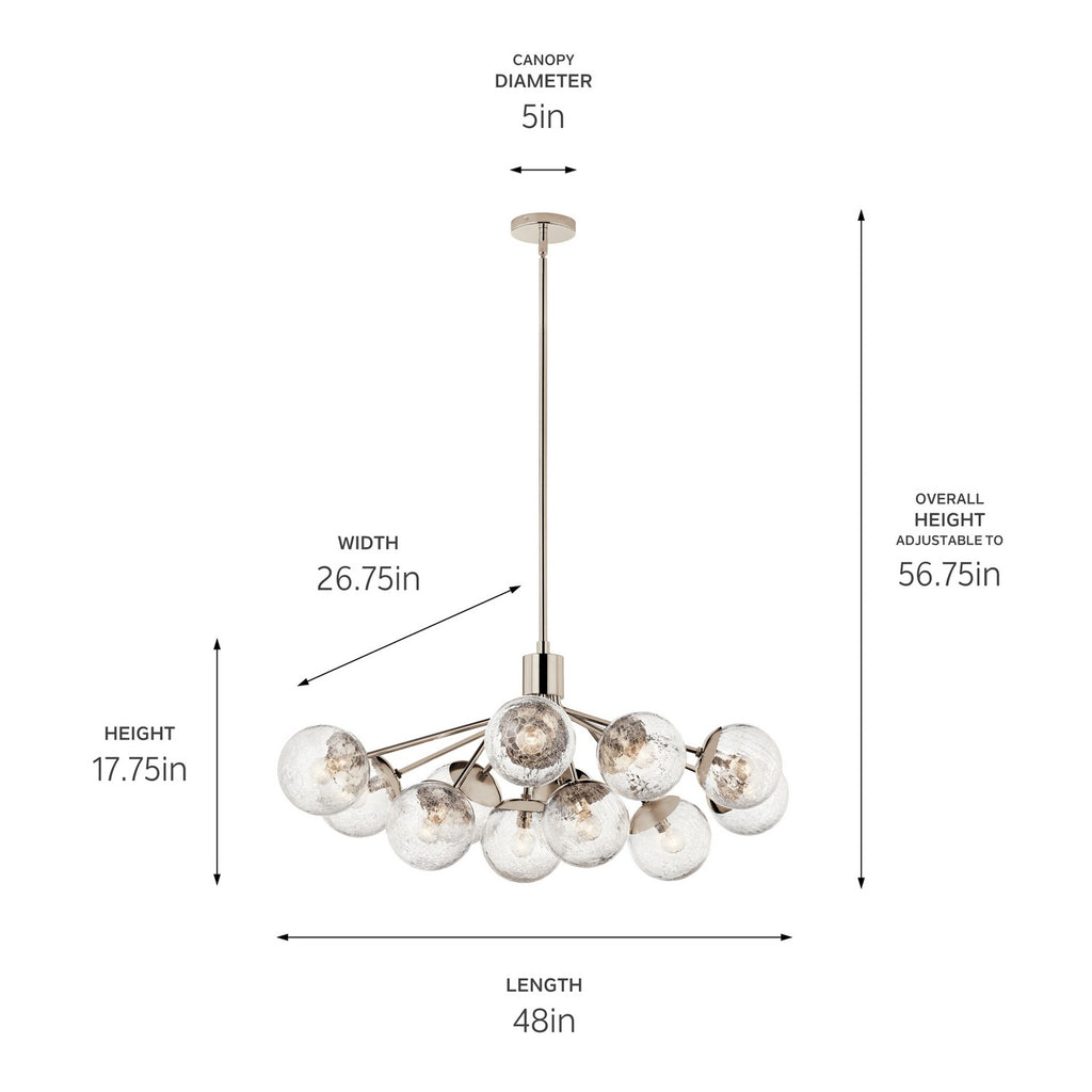 KICHLER 52703PN Silvarious 48 Inch 12 Light Linear Convertible Chandelier With Clear Crackled Glass In Polished Nickel
