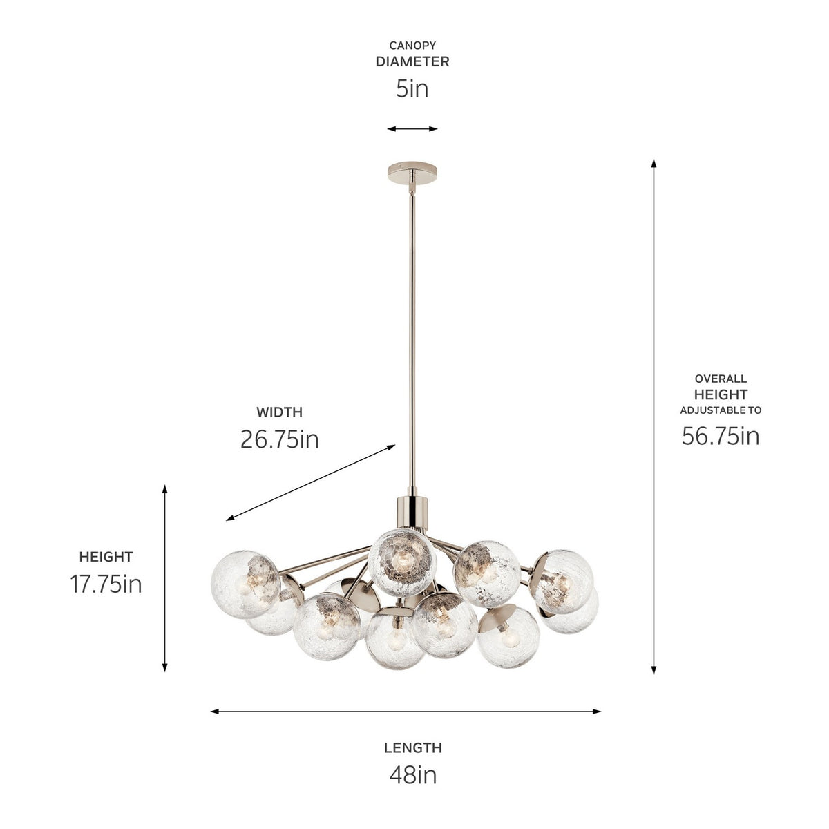 KICHLER 52703PN Silvarious 48 Inch 12 Light Linear Convertible Chandelier With Clear Crackled Glass In Polished Nickel