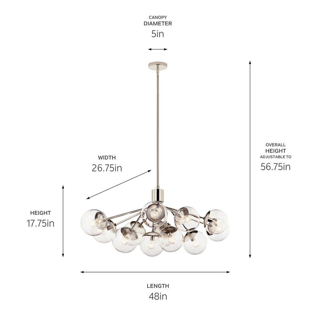 KICHLER 52703PNCLR Silvarious 48 Inch 12 Light Linear Convertible Chandelier With Clear Glass In Polished Nickel