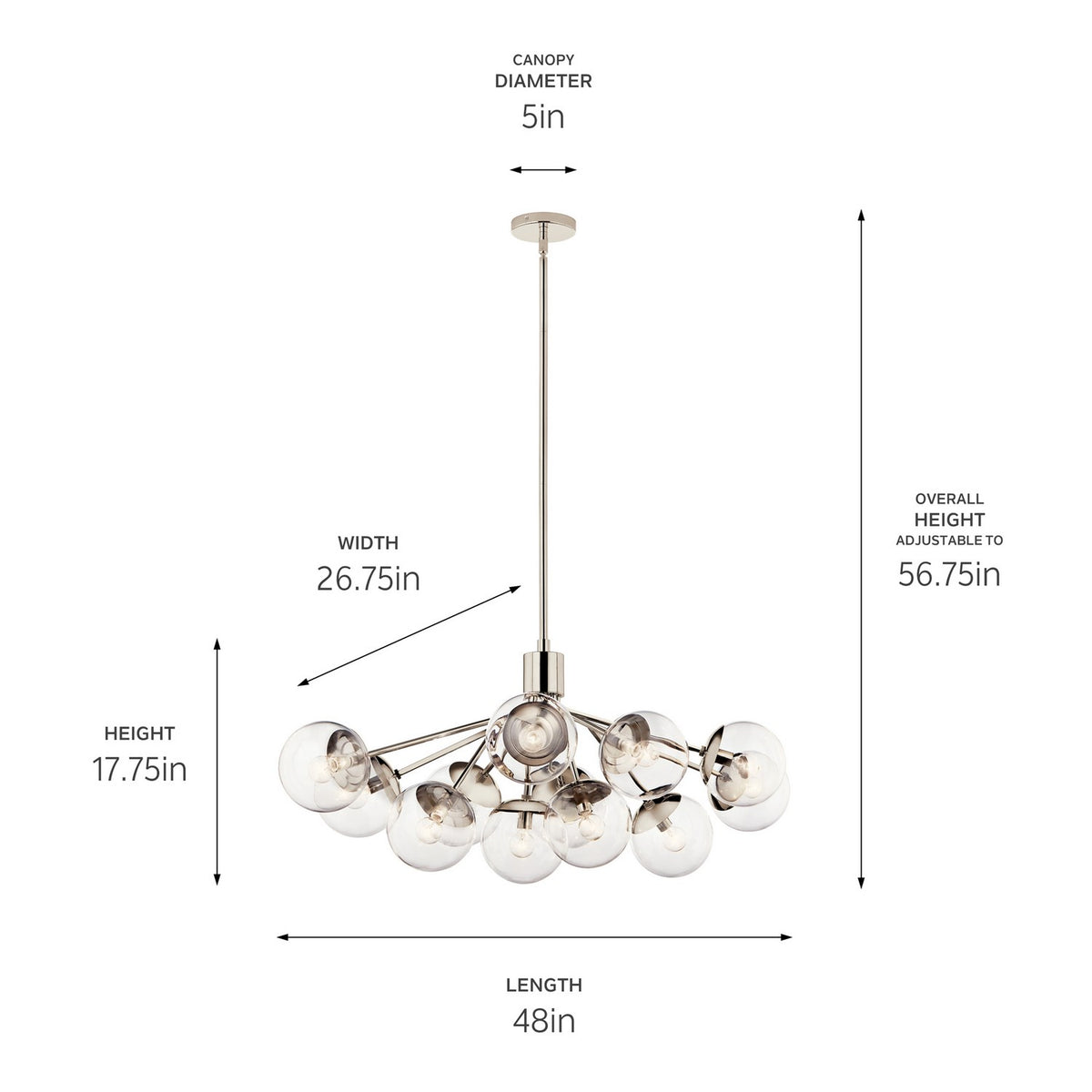 KICHLER 52703PNCLR Silvarious 48 Inch 12 Light Linear Convertible Chandelier With Clear Glass In Polished Nickel