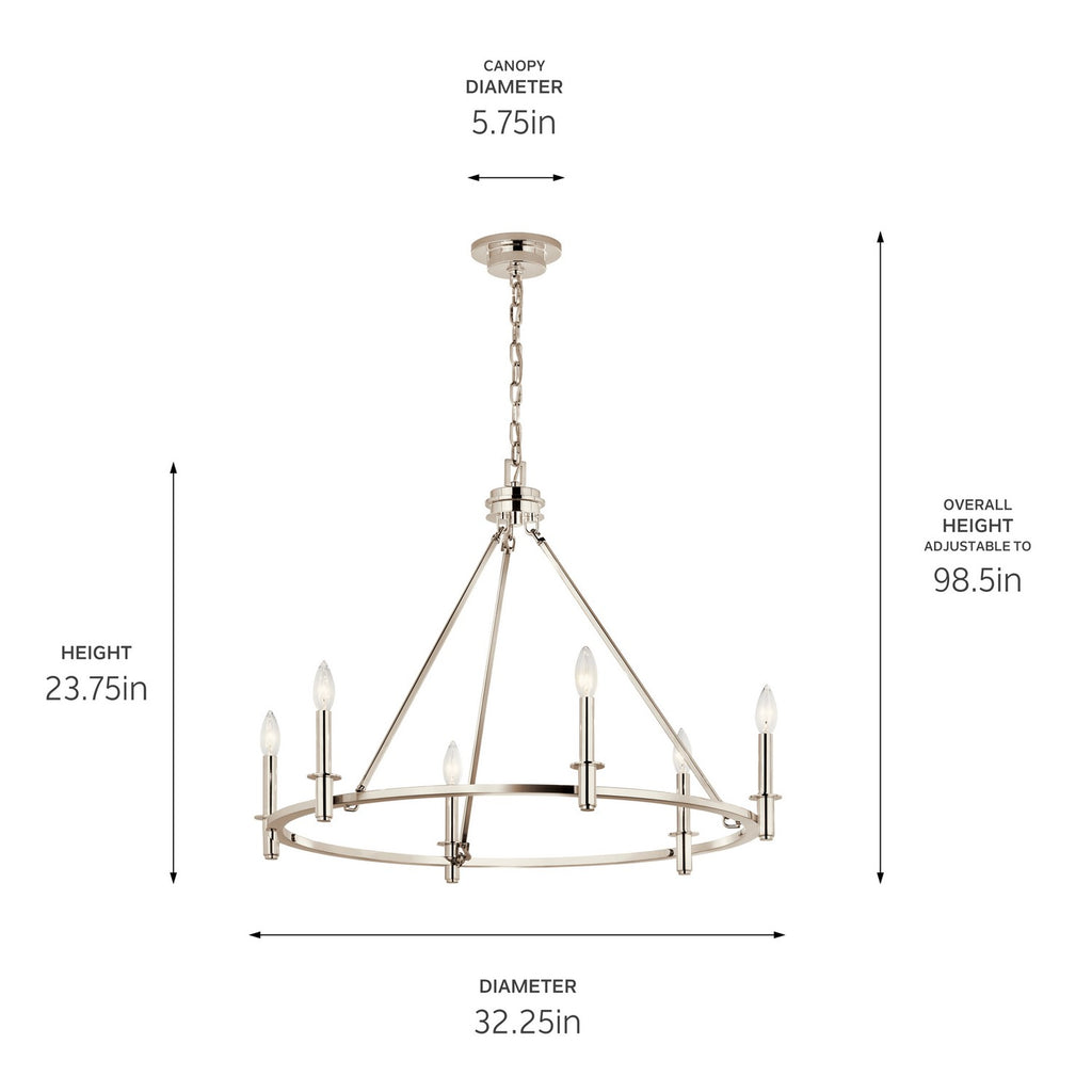 KICHLER 52705PN Carrick 32.25 Inch 6 Light Chandelier In Polished Nickel