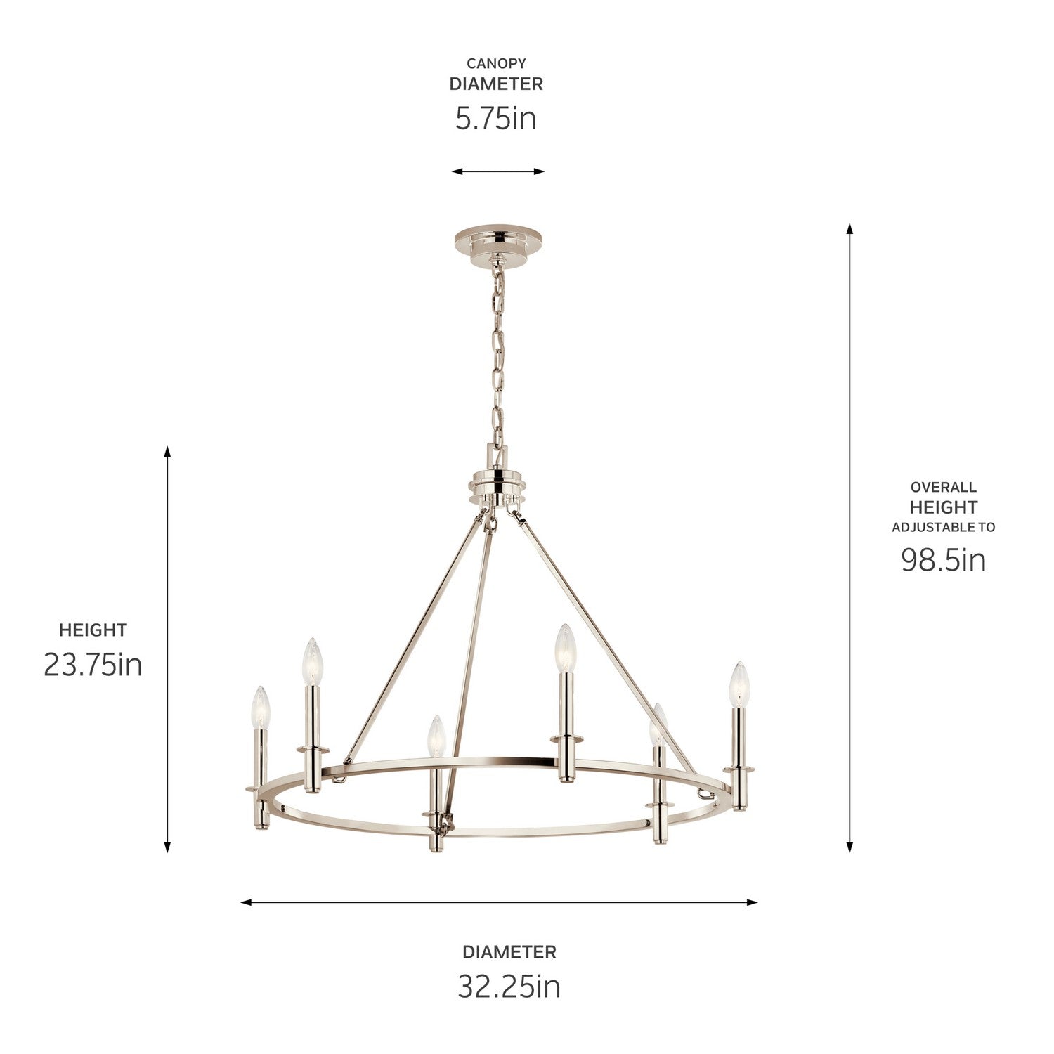 KICHLER 52705PN Carrick 32.25 Inch 6 Light Chandelier In Polished Nickel