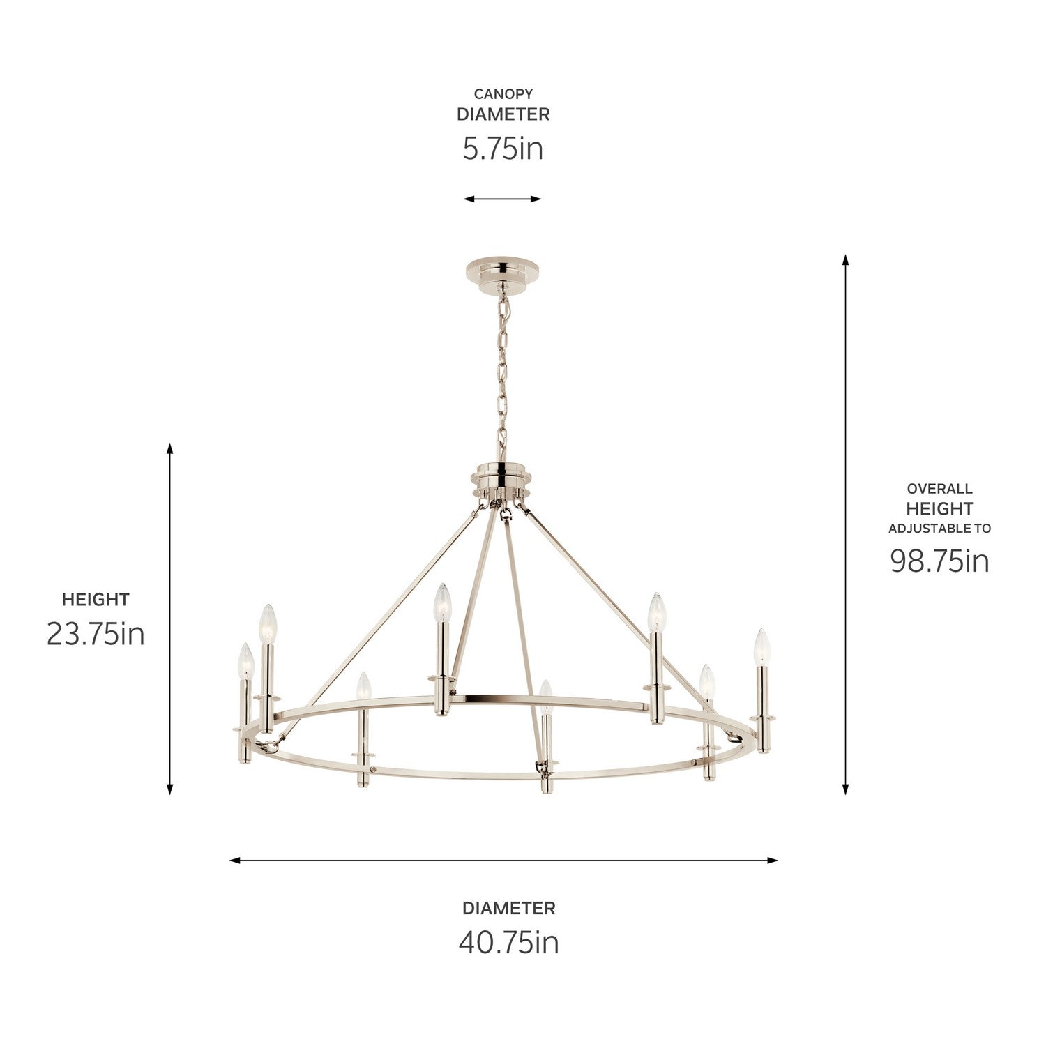 KICHLER 52706PN Carrick 40.75 Inch 8 Light Chandelier In Polished Nickel