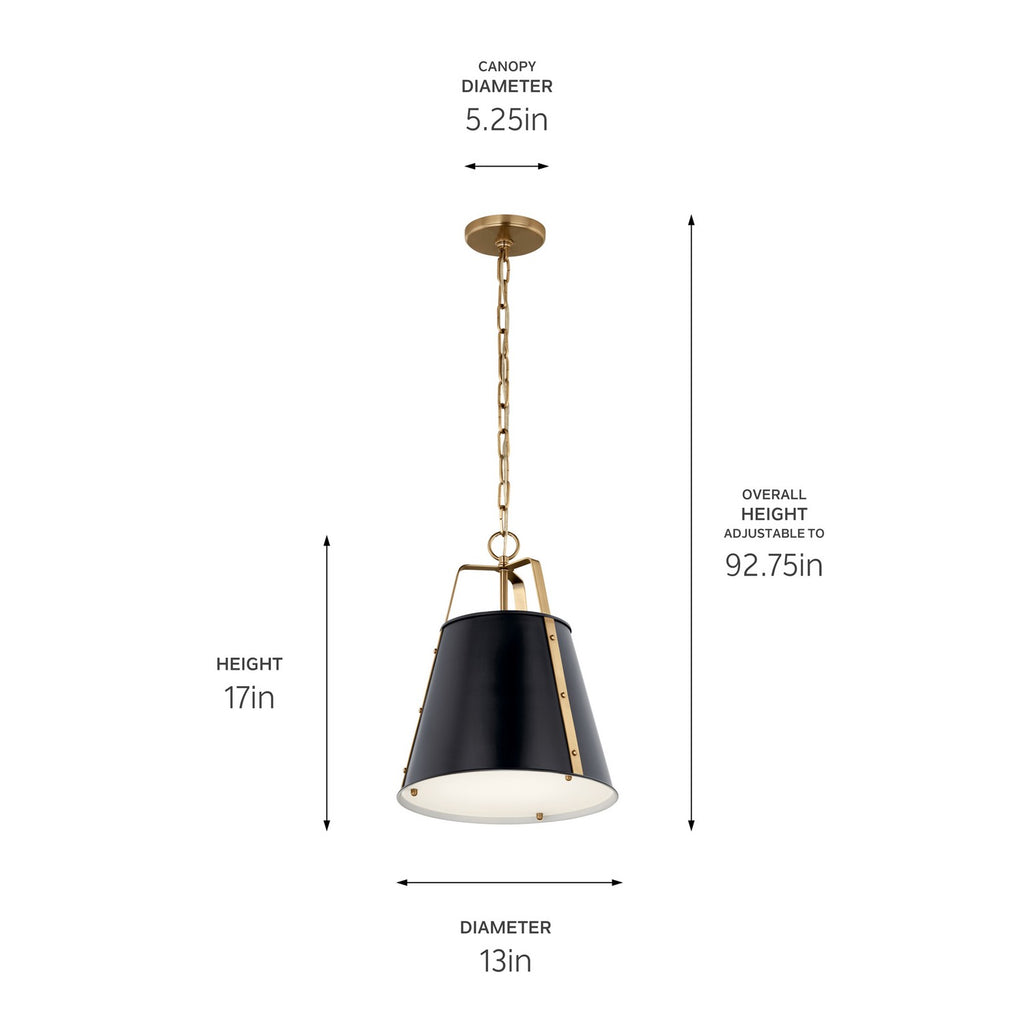 KICHLER 52710BK Etcher 13 Inch 1 Light Pendant With Etched Painted White Glass Diffuser In Black And Champagne Bronze