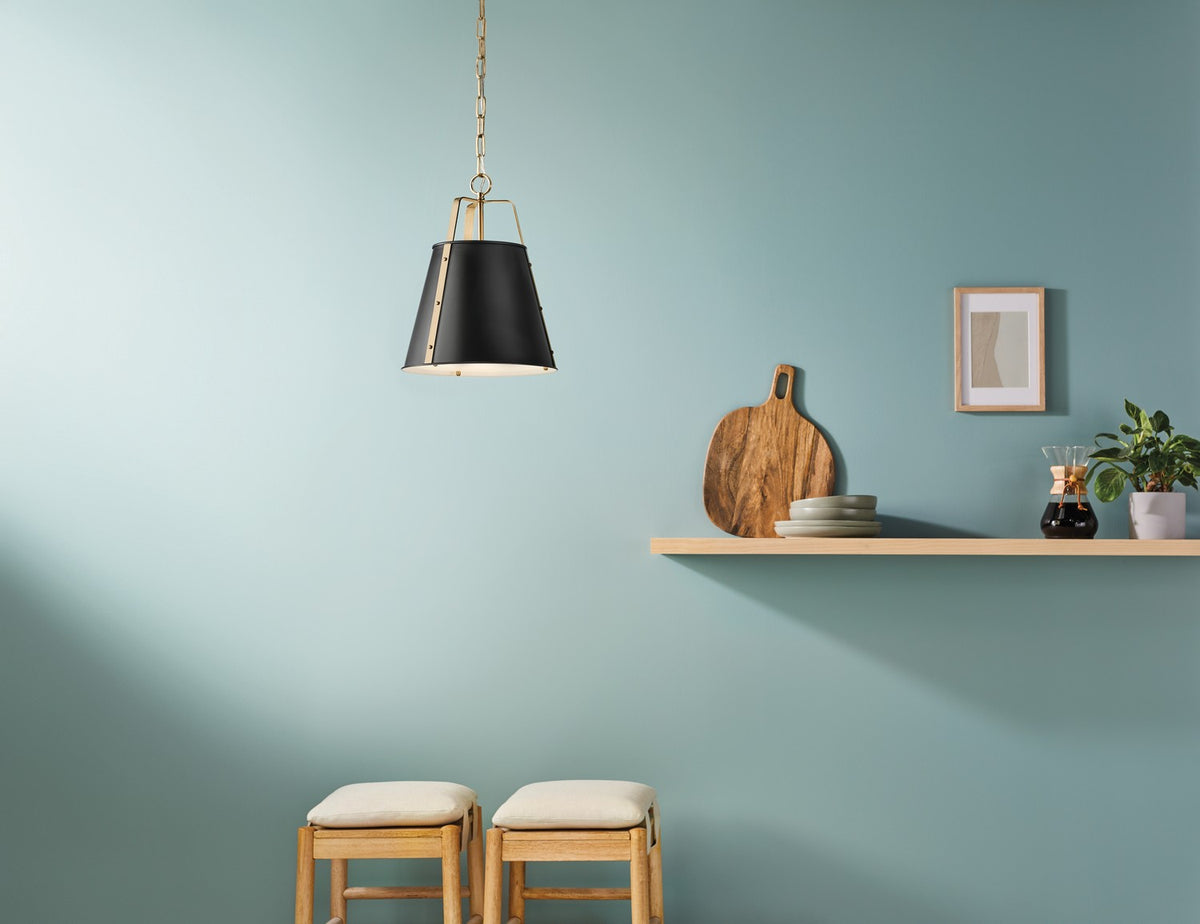 KICHLER 52710BK Etcher 13 Inch 1 Light Pendant With Etched Painted White Glass Diffuser In Black And Champagne Bronze