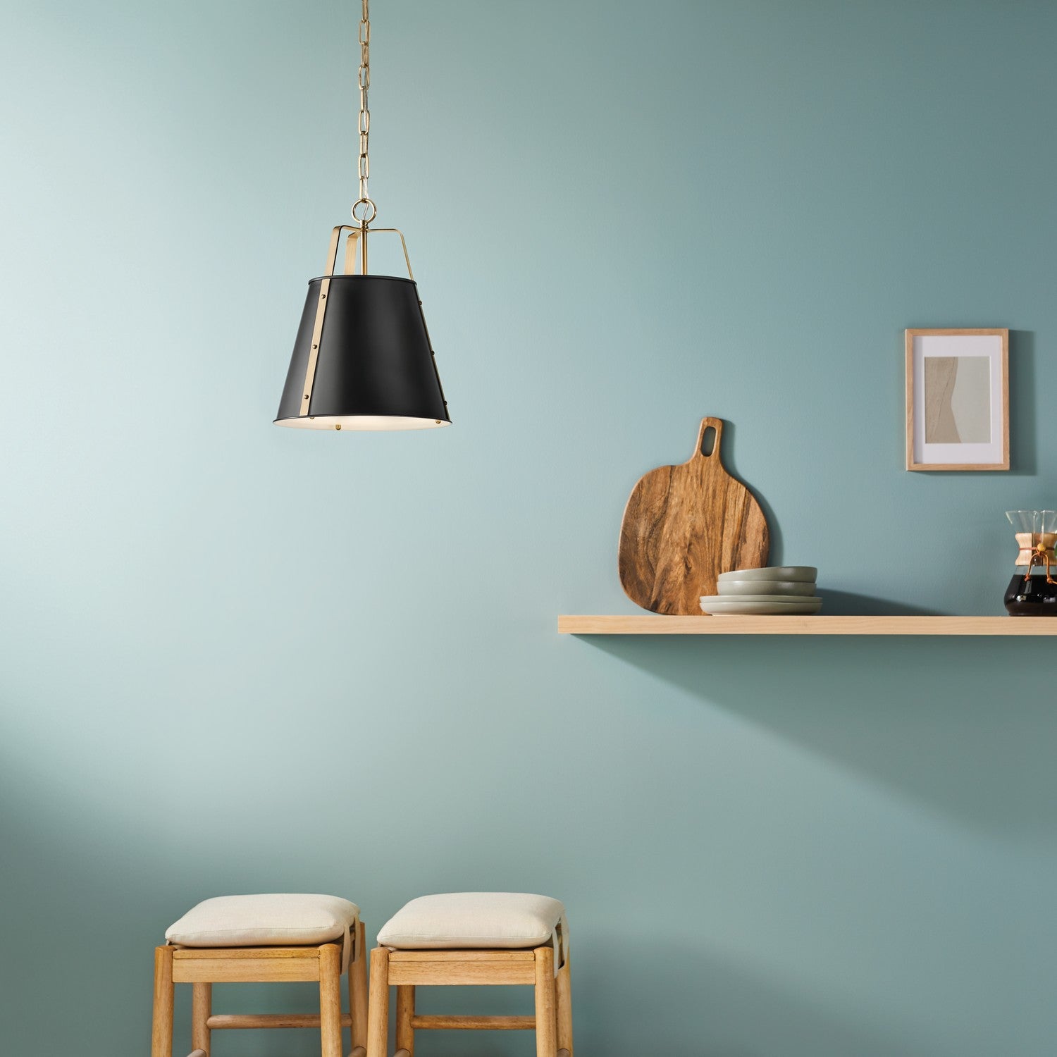 KICHLER 52710BK Etcher 13 Inch 1 Light Pendant With Etched Painted White Glass Diffuser In Black And Champagne Bronze