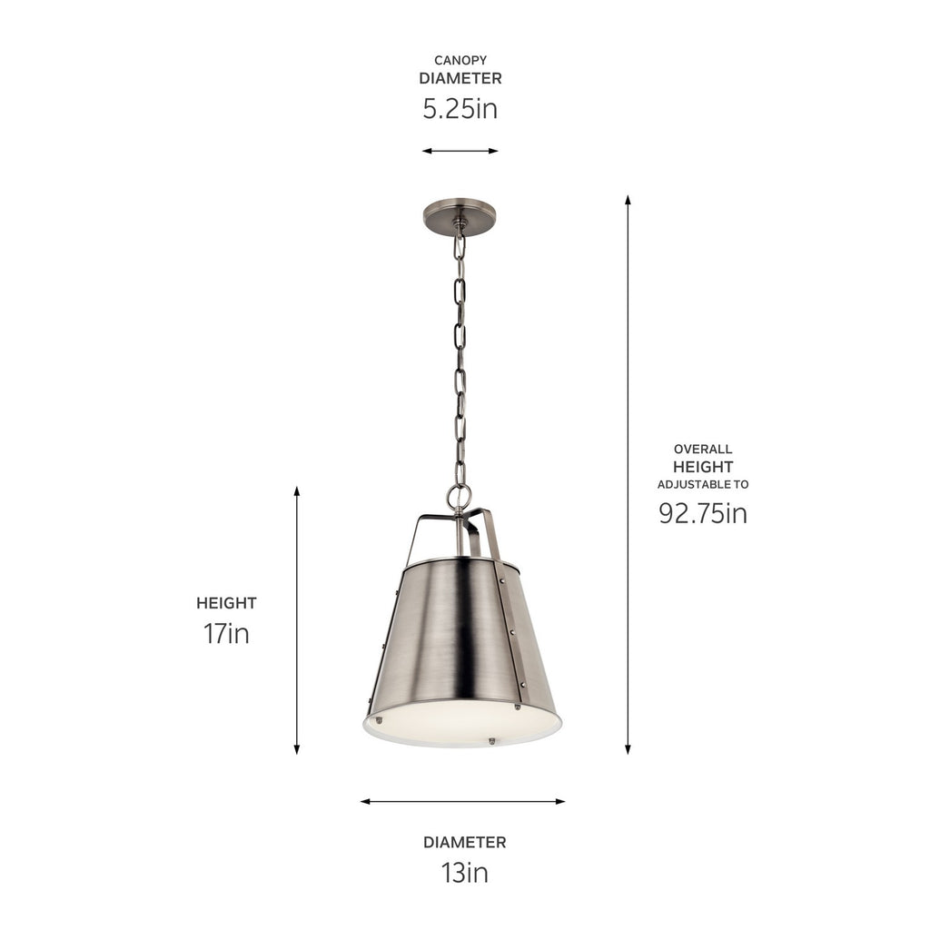 KICHLER 52710CLP Etcher 13 Inch 1 Light Pendant With Etched Painted White Glass Diffuser In Classic Pewter