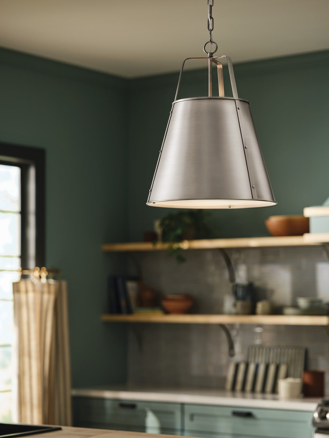 KICHLER 52711CLP Etcher 18 Inch 2 Light Pendant With Etched Painted White Glass Diffuser In Classic Pewter
