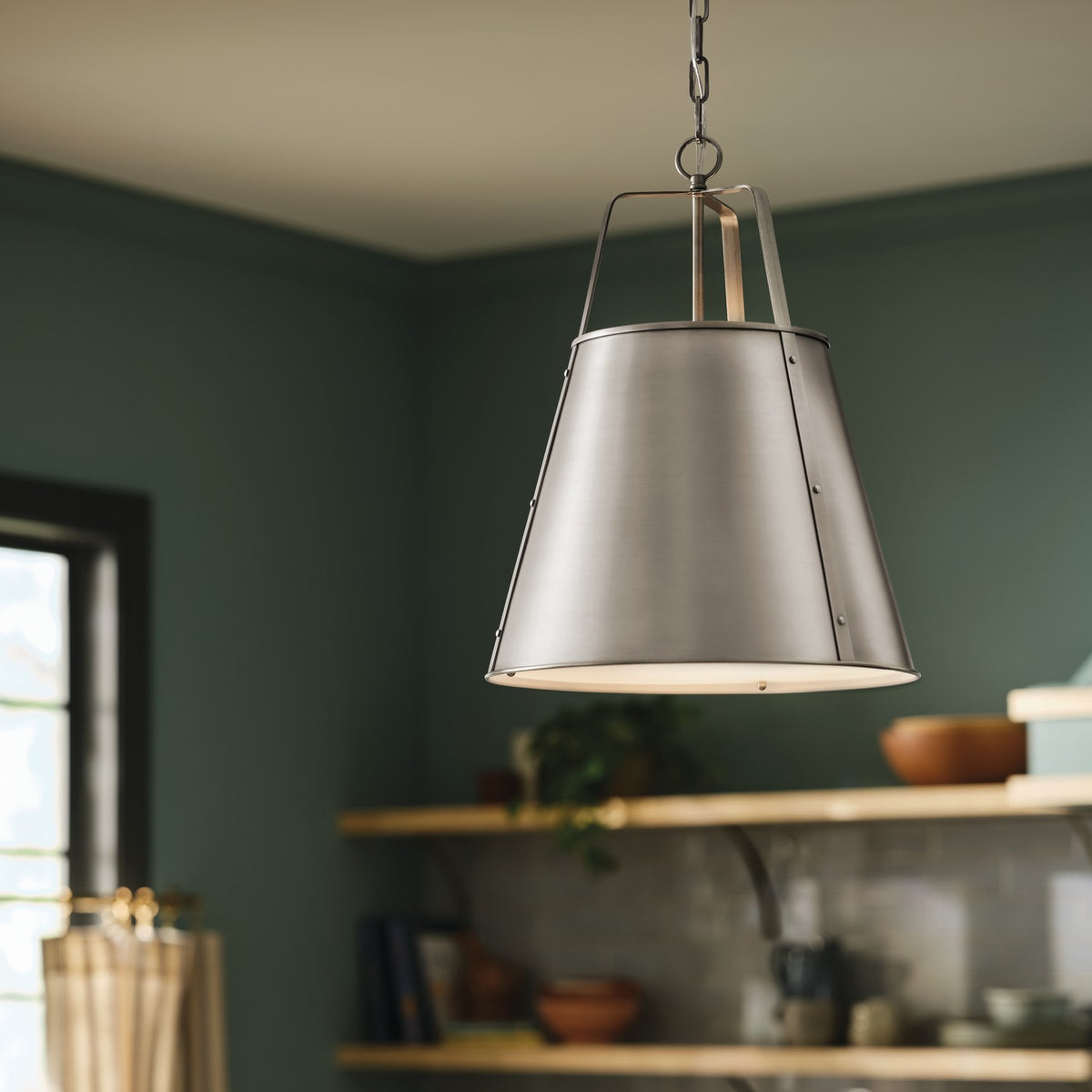 KICHLER 52711CLP Etcher 18 Inch 2 Light Pendant With Etched Painted White Glass Diffuser In Classic Pewter