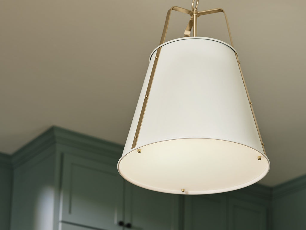 KICHLER 52711WH Etcher 18 Inch 2 Light Pendant With Etched Painted White Glass Diffuser In White And Champagne Bronze