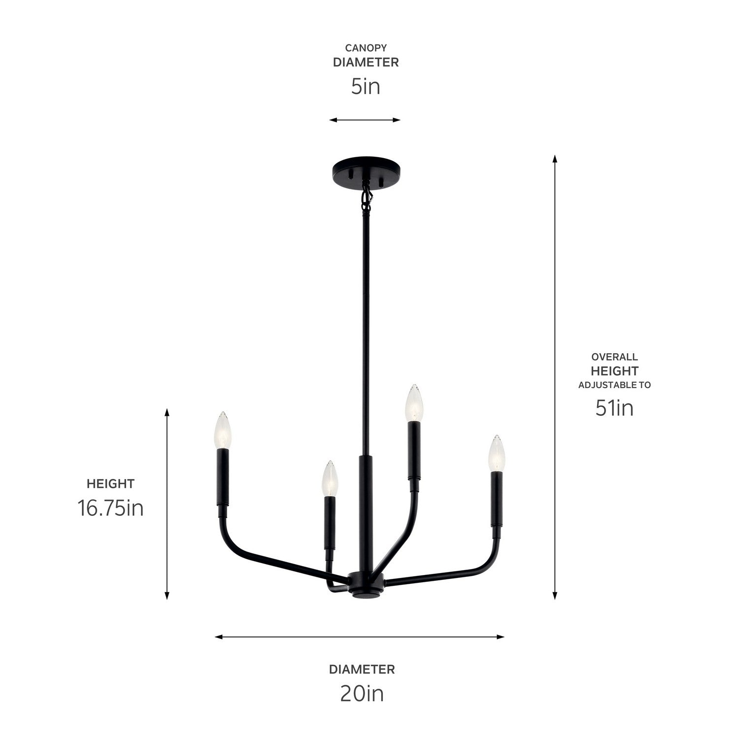 KICHLER 52716BK Madden 20 Inch 4 Light Convertible Chandelier In Black