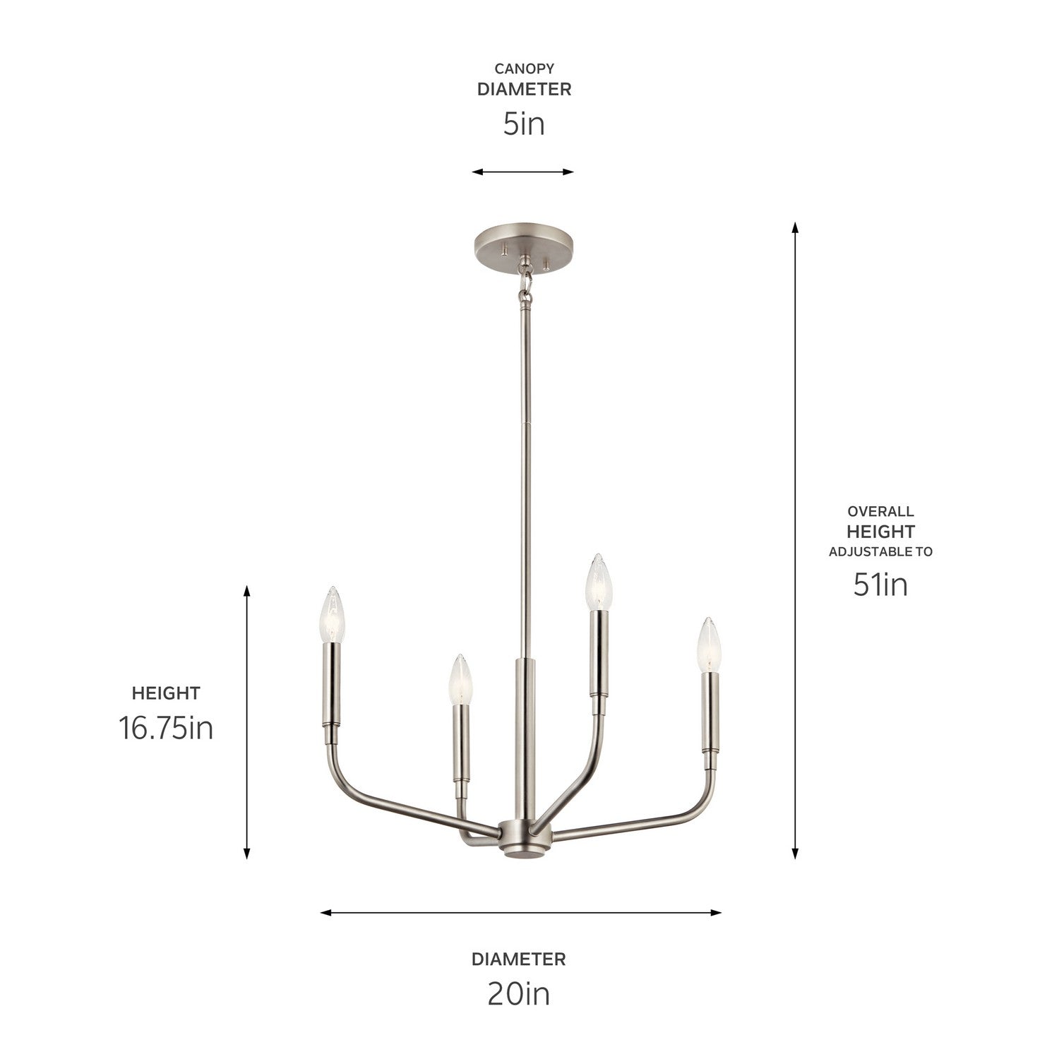 KICHLER 52716NI Madden 20 Inch 4 Light Convertible Chandelier In Brushed Nickel