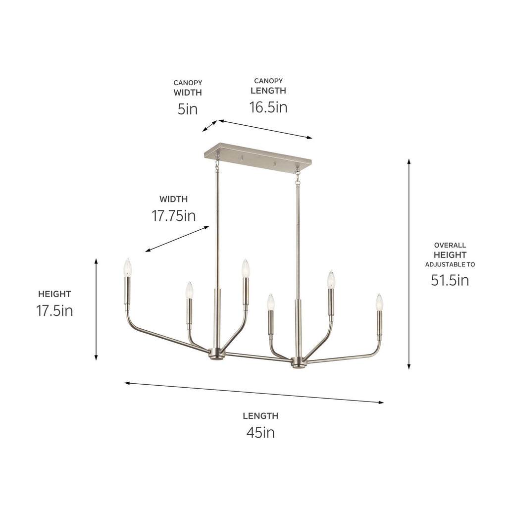KICHLER 52721NI Madden 45 Inch 6 Light Linear Chandelier In Brushed Nickel