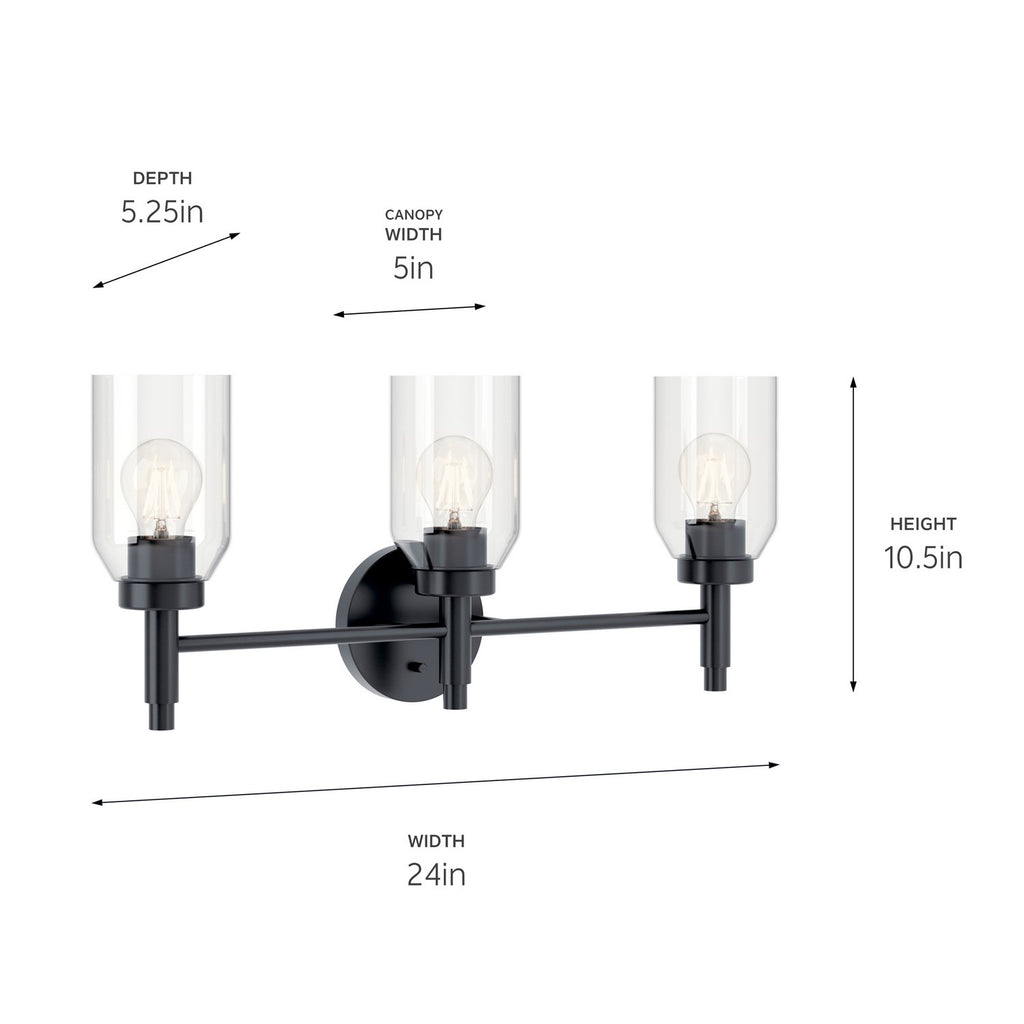 KICHLER 55185BK Madden 24 Inch 3 Light Vanity With Clear Glass In Black