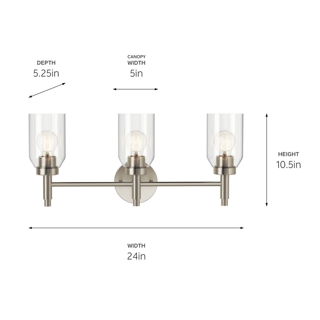 KICHLER 55185NI Madden 24 Inch 3 Light Vanity With Clear Glass In Brushed Nickel
