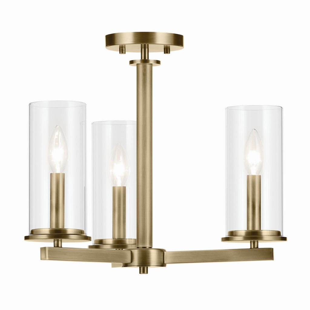 KICHLER 43997NBR Crosby 14" 3-Light Convertible Semi Flush With Clear Glass In Natural Brass