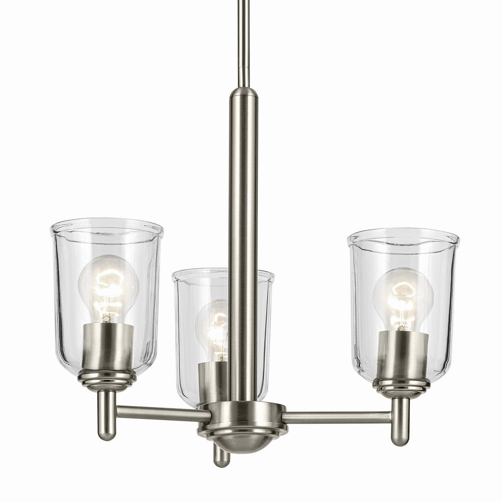 KICHLER 43670NICLR Shailene 15.25" 3-Light Mini Chandelier With Clear Glass In Brushed Nickel