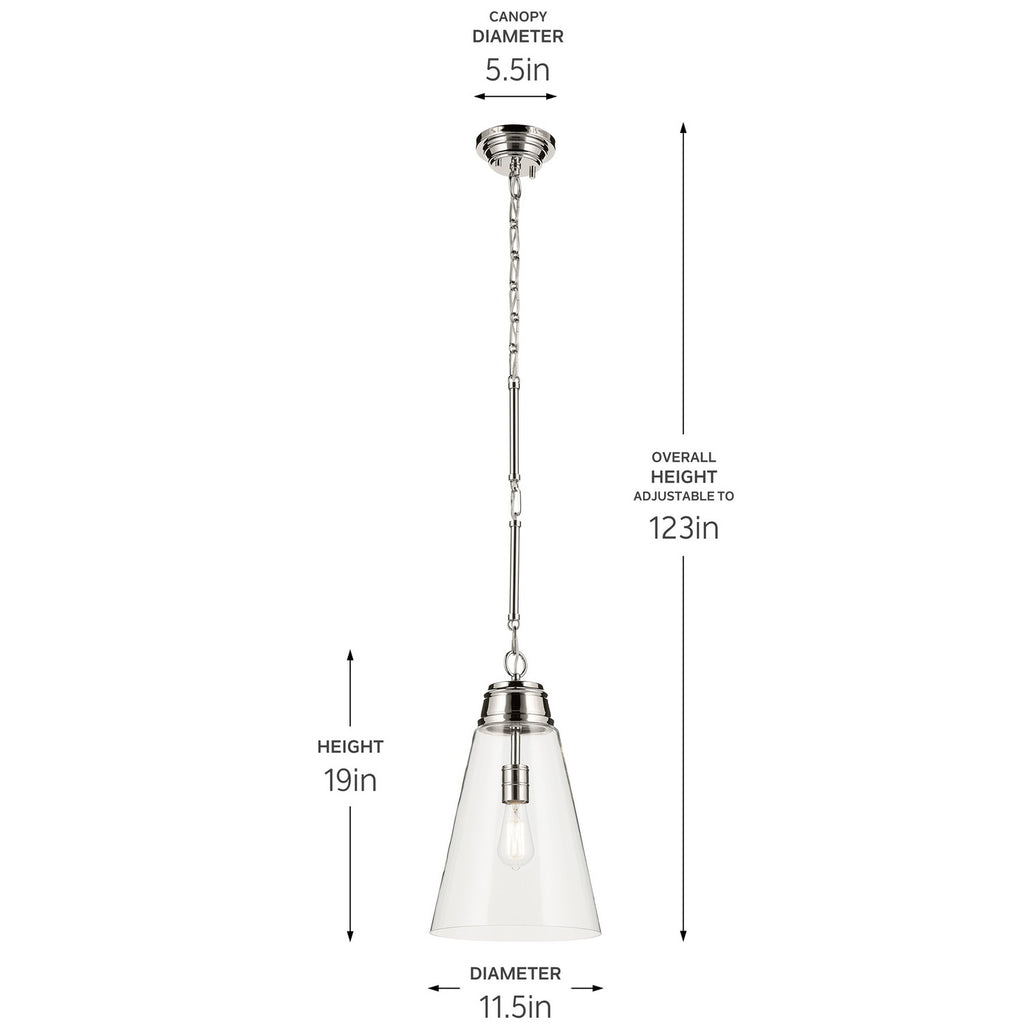 KICHLER 52661PNCLR Marsailli 19" 1-Light Medium Pendant With Clear Glass In Brushed Nickel