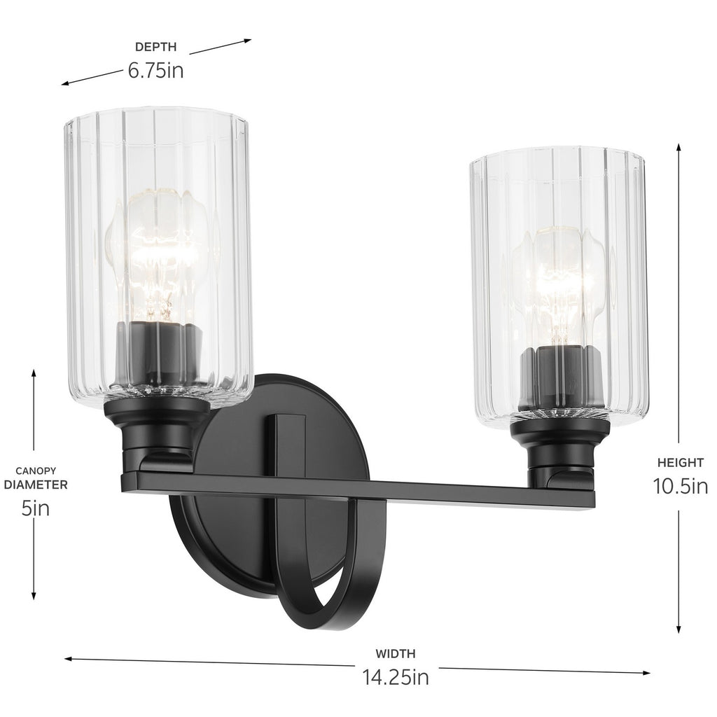 KICHLER 55225BKFLU Gioe 14.25" 2-Light Vanity Light With Clear Fluted Glass In Black