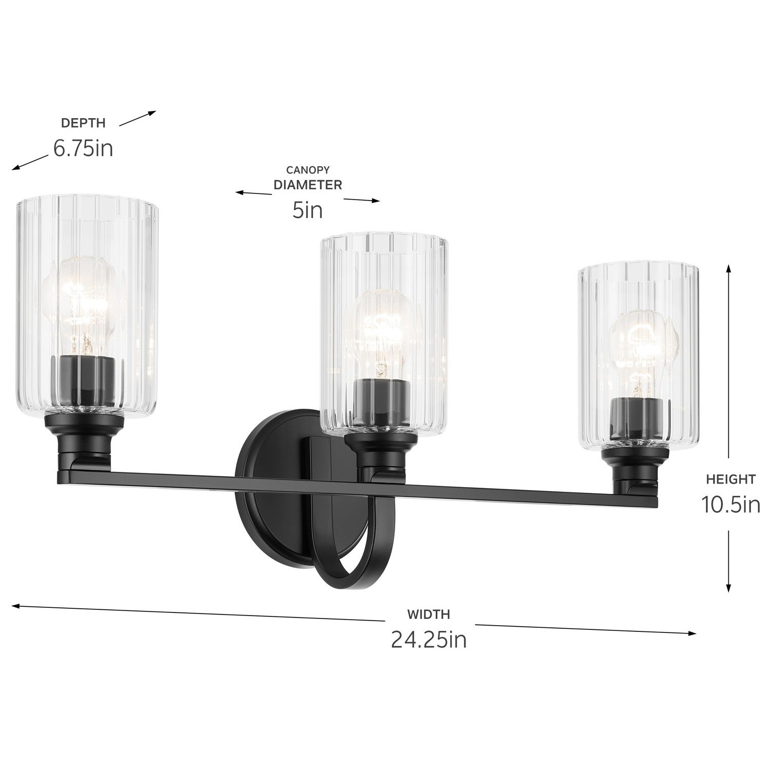 KICHLER 55226BKFLU Gioe 24.25" 3-Light Vanity Light With Clear Fluted Glass In Black
