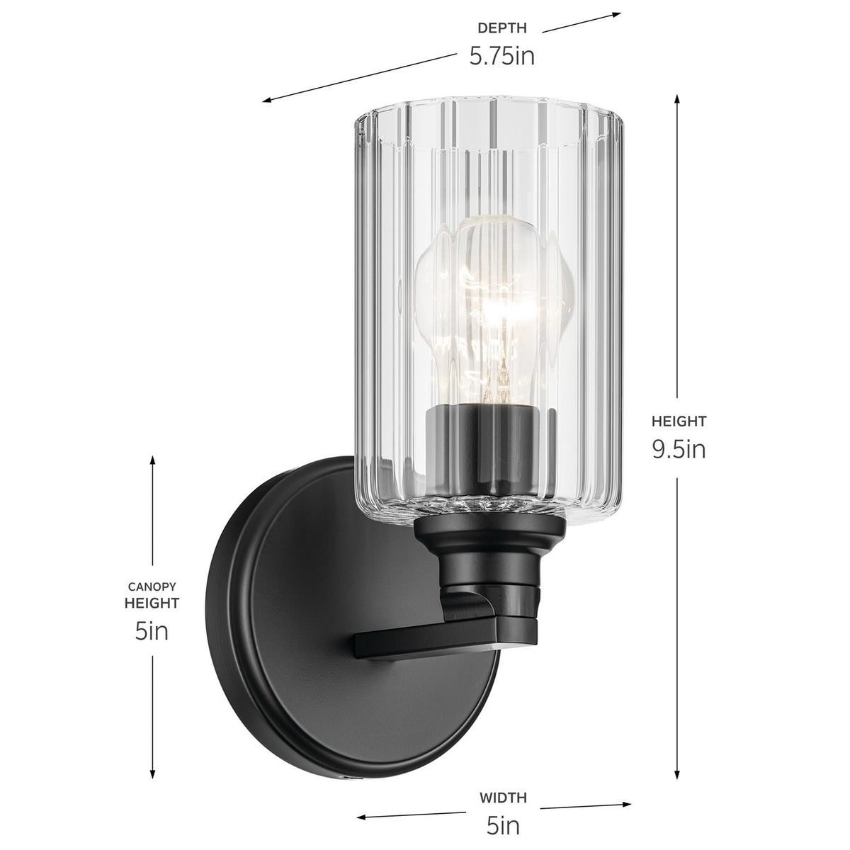 KICHLER 55224BKFLU Gioe 9.5" 1-Light Wall Sconce With Clear Fluted Glass In Black