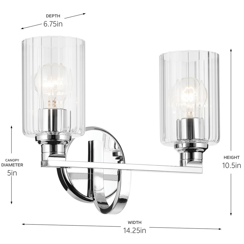 KICHLER 55225CHFLU Gioe 14.25" 2-Light Vanity Light With Clear Fluted Glass In Chrome