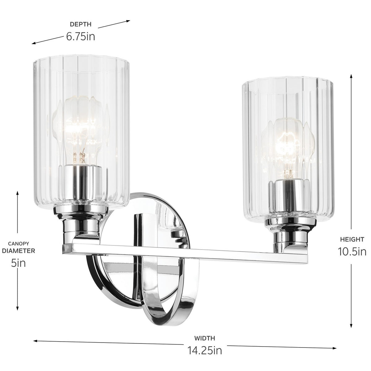 KICHLER 55225CHFLU Gioe 14.25" 2-Light Vanity Light With Clear Fluted Glass In Chrome