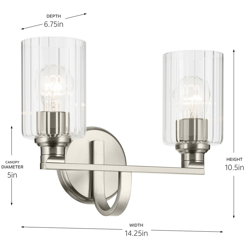 KICHLER 55225NIFLU Gioe 14.25" 2-Light Vanity Light With Clear Fluted Glass In Brushed Nickel