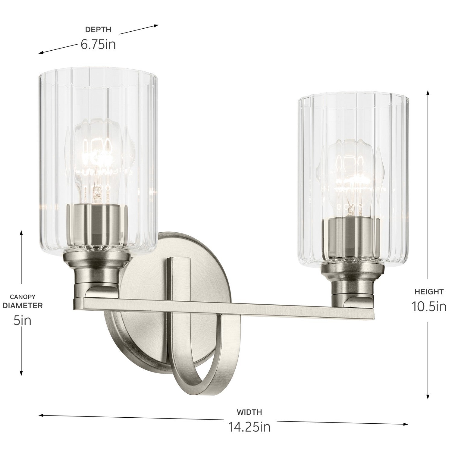 KICHLER 55225NIFLU Gioe 14.25" 2-Light Vanity Light With Clear Fluted Glass In Brushed Nickel