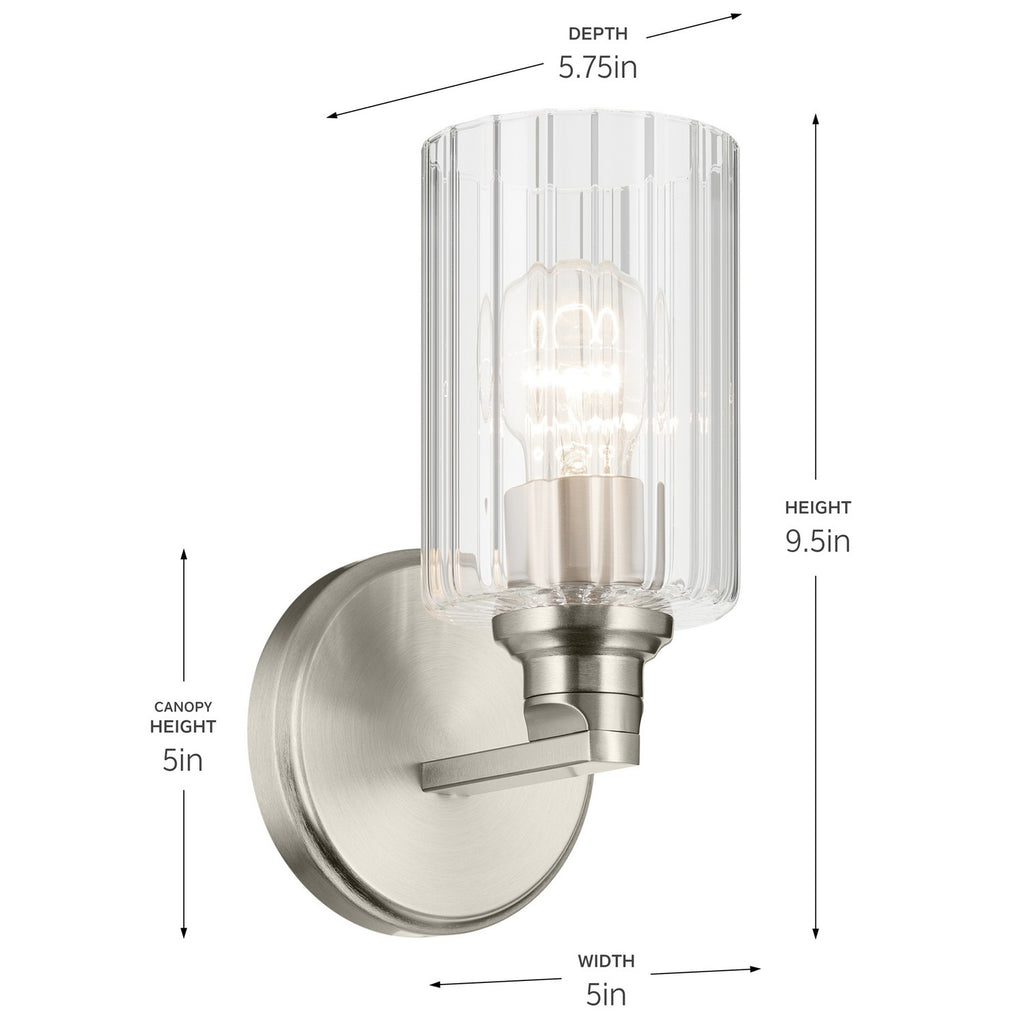 KICHLER 55224NIFLU Gioe 9.5" 1-Light Wall Sconce With Clear Fluted Glass In Brushed Nickel