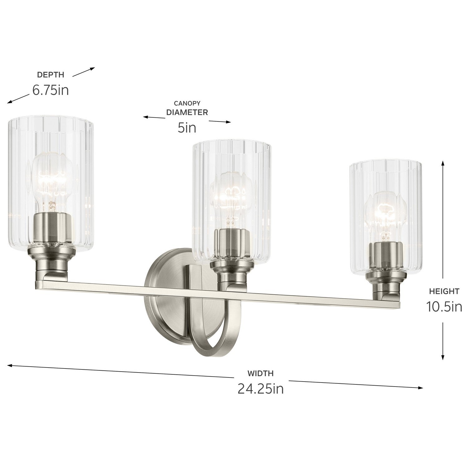 KICHLER 55226NIFLU Gioe 24.25" 3-Light Vanity Light With Clear Fluted Glass In Brushed Nickel