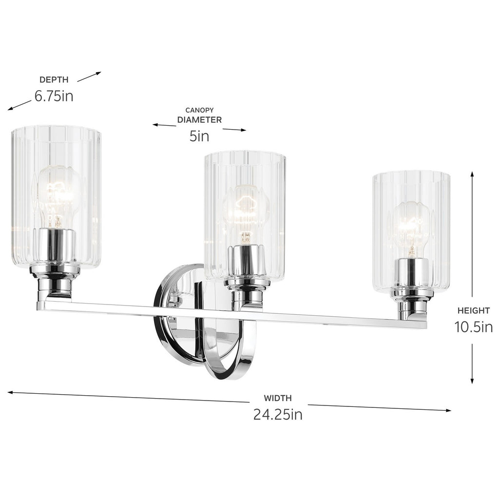 KICHLER 55226CHFLU Gioe 24.25" 3-Light Vanity Light With Clear Fluted Glass In Chrome