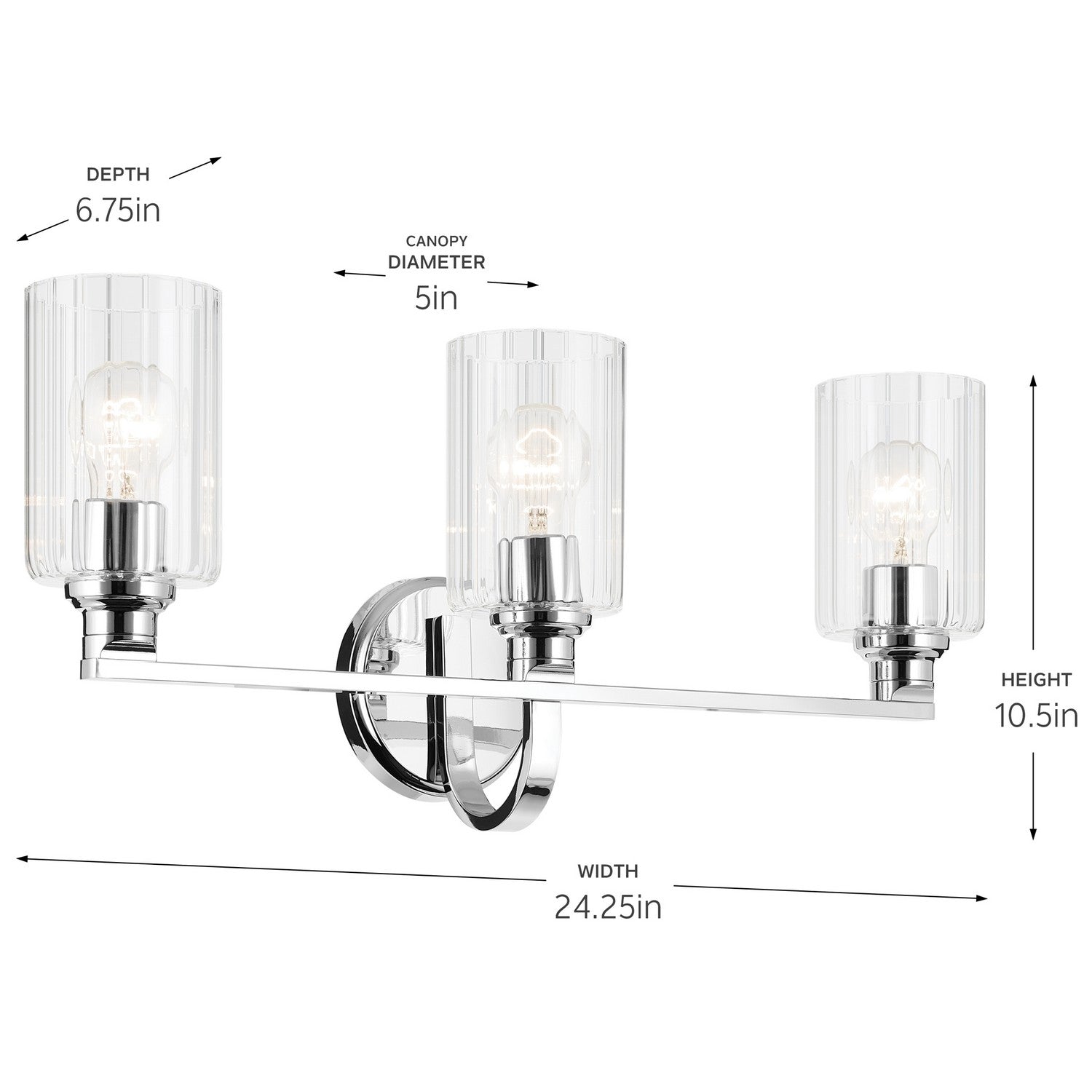KICHLER 55226CHFLU Gioe 24.25" 3-Light Vanity Light With Clear Fluted Glass In Chrome
