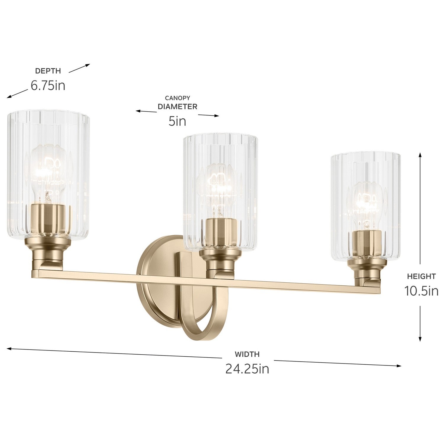 KICHLER 55226CPZFLU Gioe 24.25" 3-Light Vanity Light With Clear Fluted Glass In Champagne Bronze