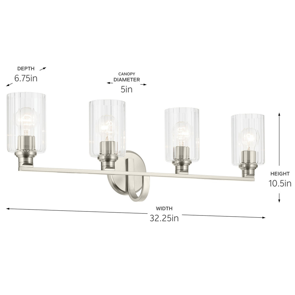 KICHLER 55227NIFLU Gioe 32.25" 4-Light Vanity Light With Clear Fluted Glass In Brushed Nickel