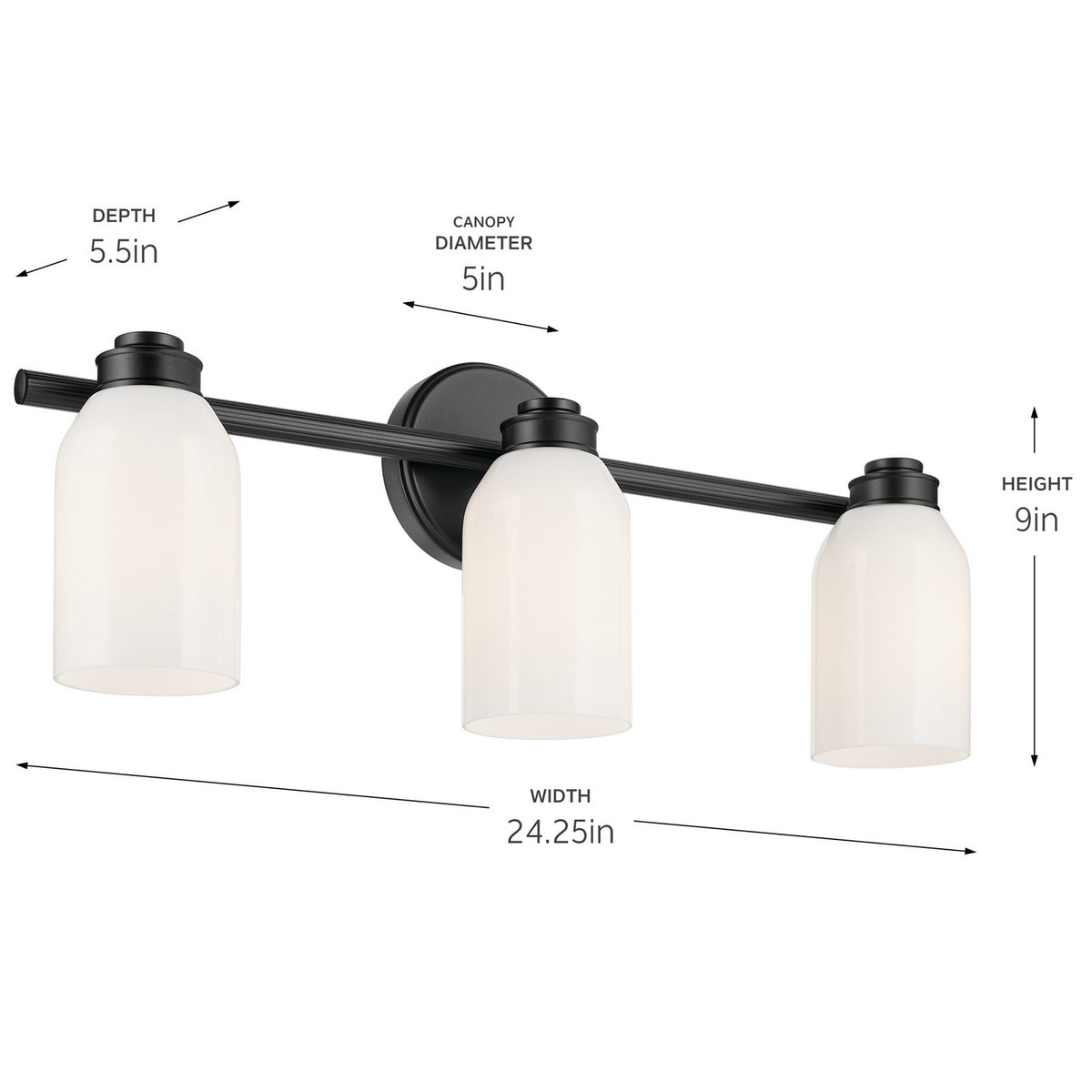KICHLER 55202BK Shae 24.25" 3-Light Vanity Light With White Opal Glass In Black