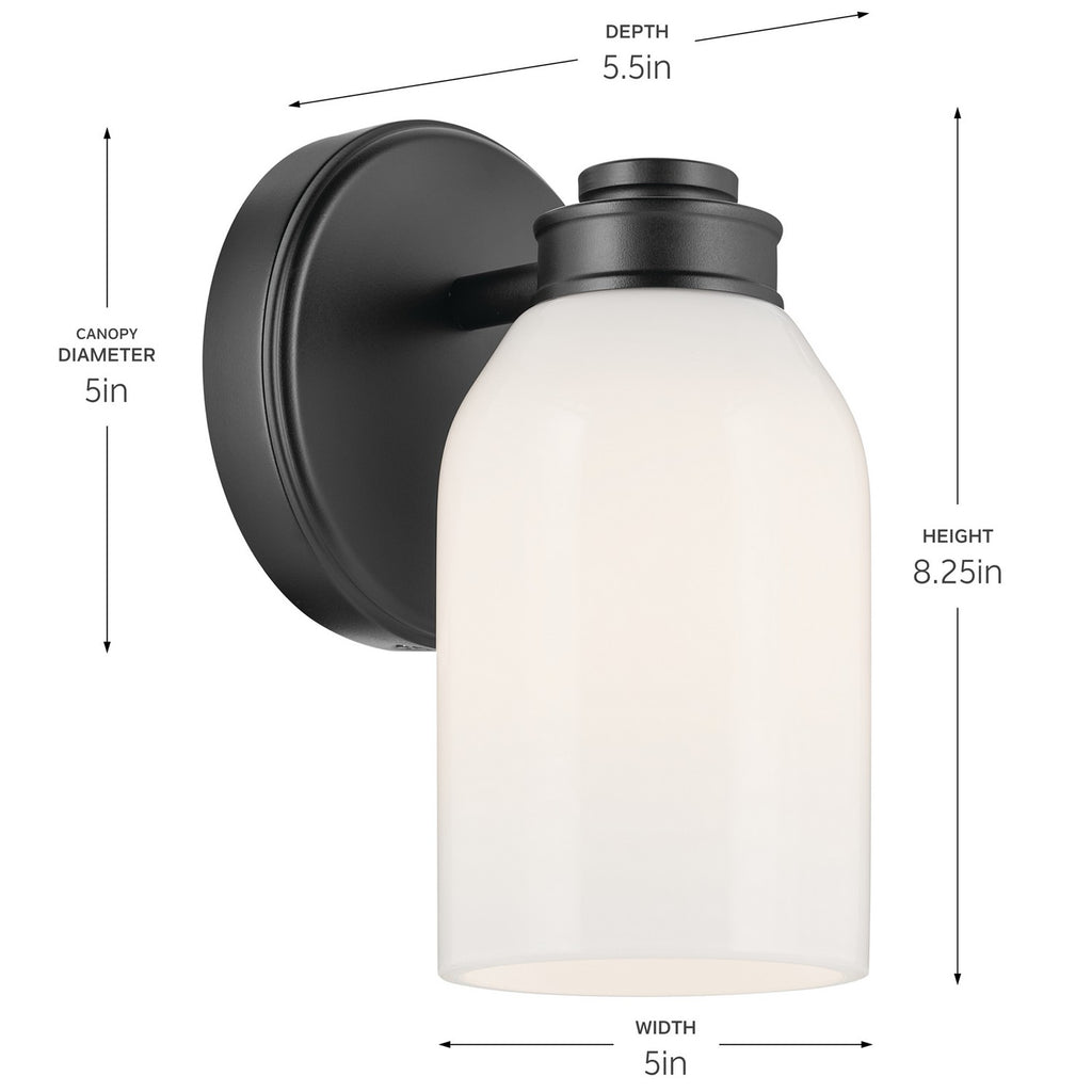 KICHLER 55200BK Shae 8.25" 1-Light Wall Sconce With White Opal Glass In Black