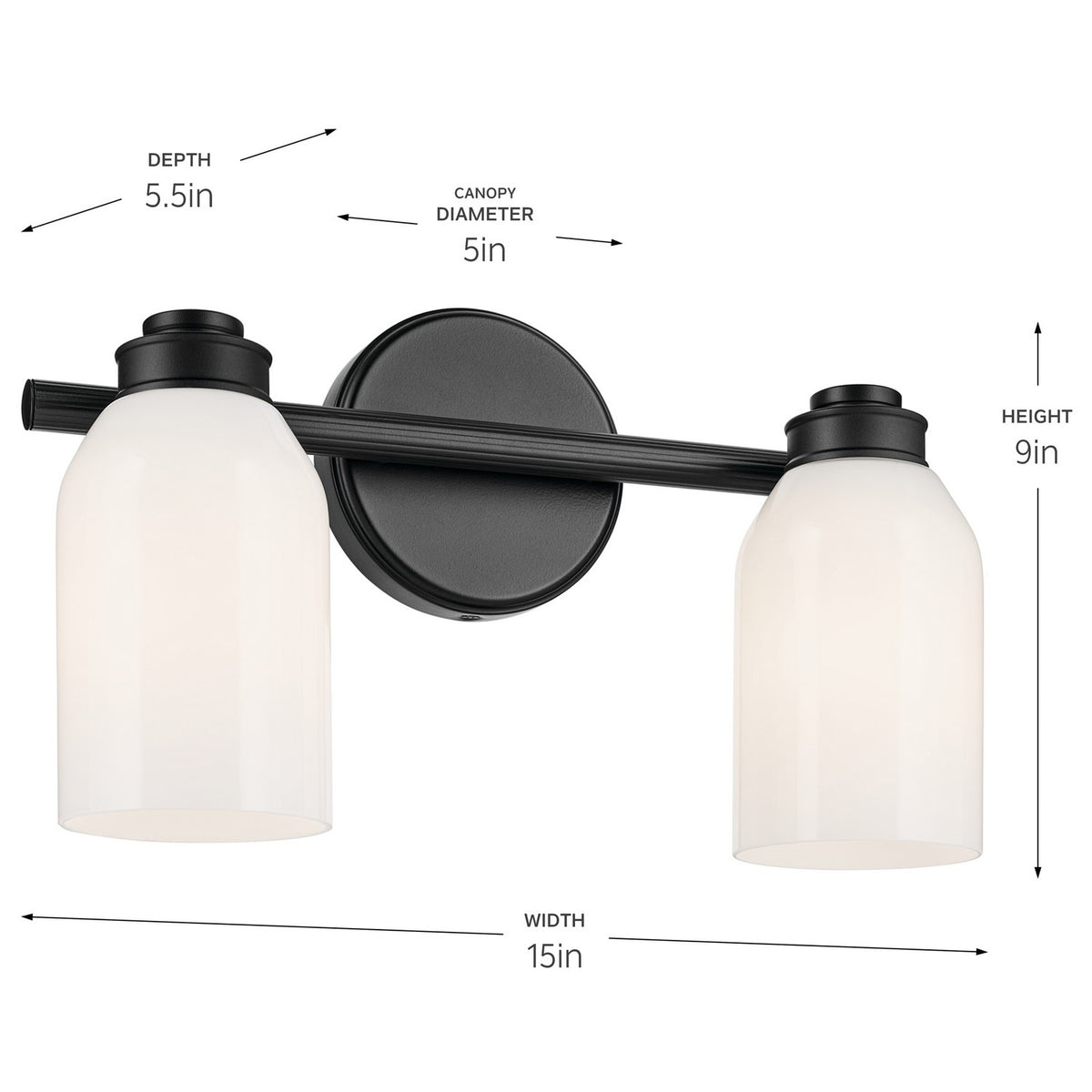 KICHLER 55201BK Shae 15" 2-Light Vanity Light With White Opal Glass In Black