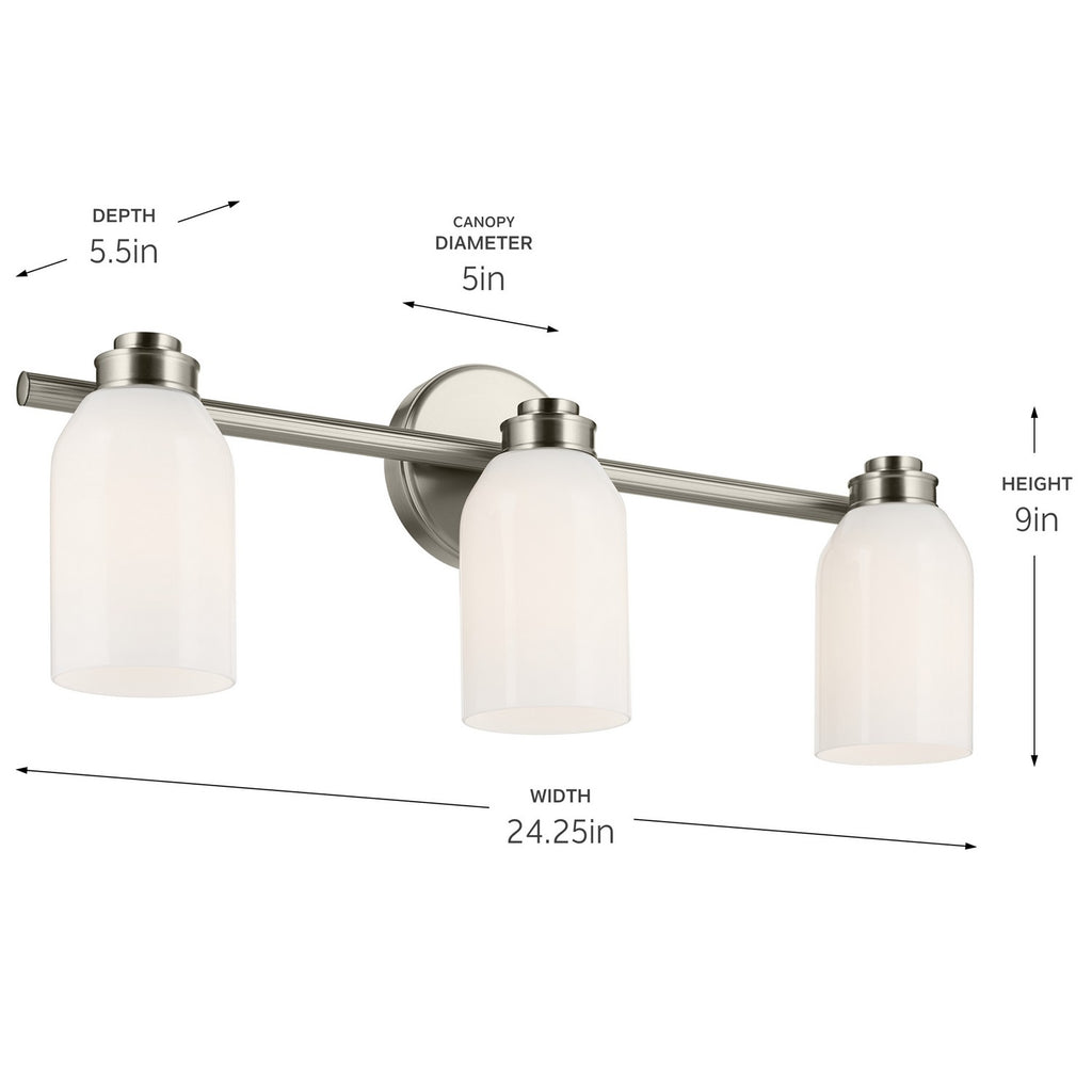 KICHLER 55202NI Shae 24.25" 3-Light Vanity Light With White Opal Glass In Brushed Nickel