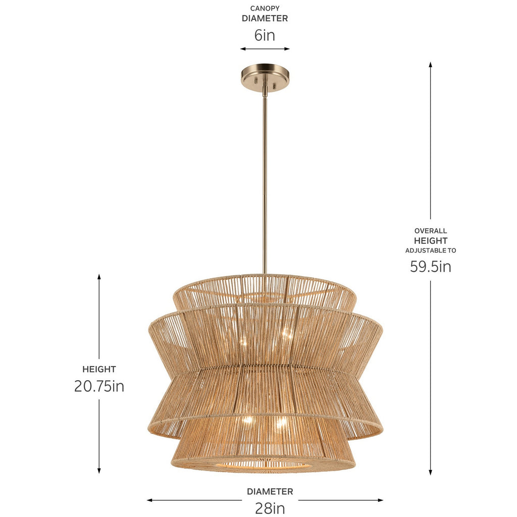 KICHLER 52735CPZ Ophira 28 Inch 4 Light Pendant With Jute Shade In Champagne Bronze