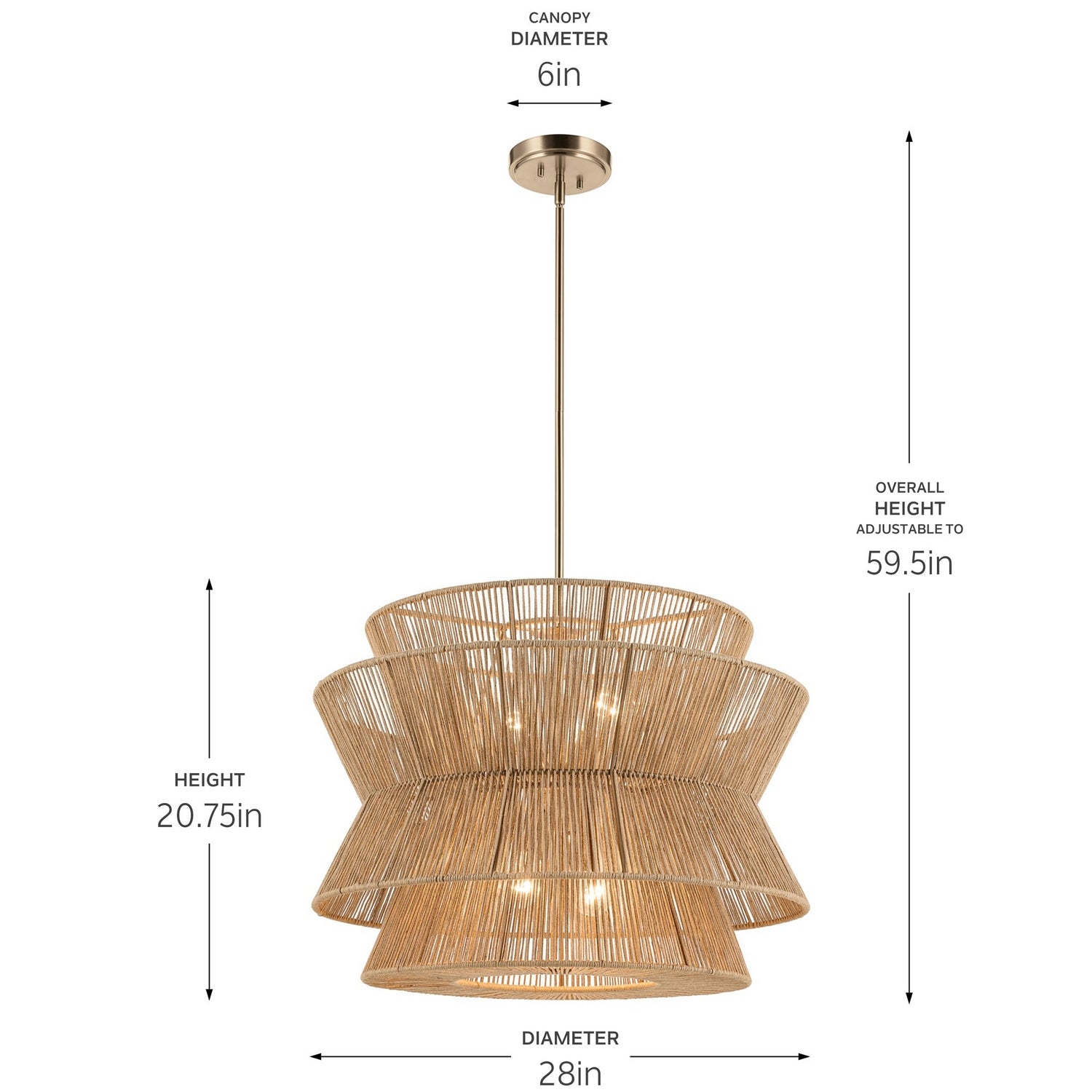 KICHLER 52735CPZ Ophira 28 Inch 4 Light Pendant With Jute Shade In Champagne Bronze