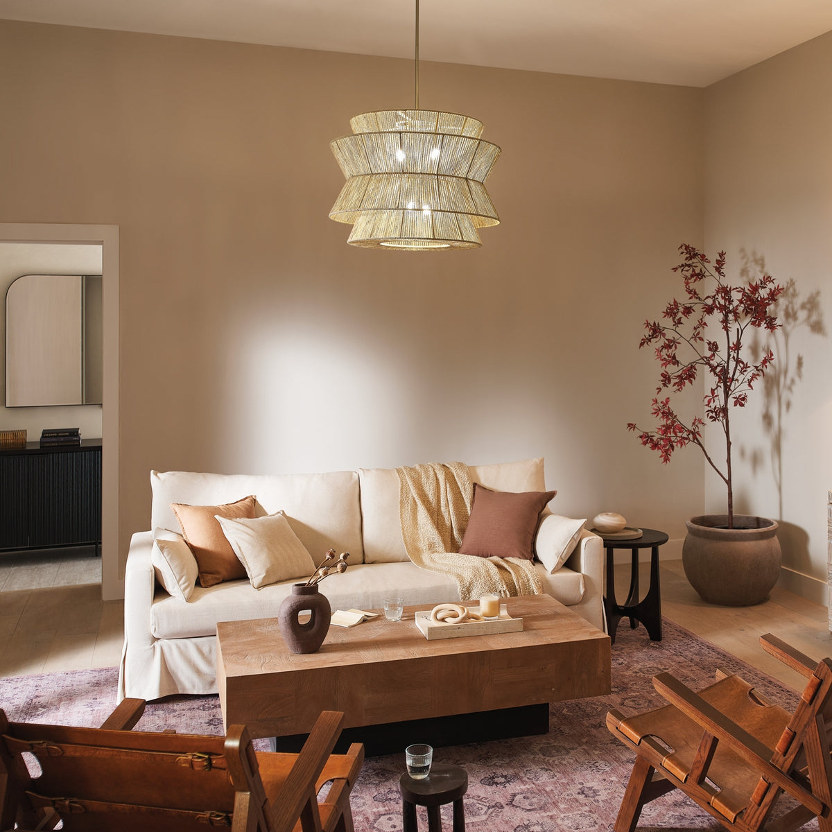 KICHLER 52735CPZ Ophira 28 Inch 4 Light Pendant With Jute Shade In Champagne Bronze