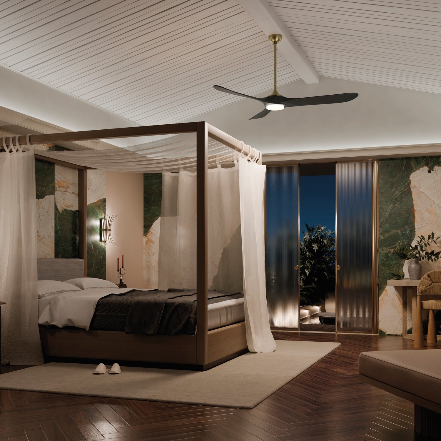 KICHLER 310570CPZ 70 Inch Mylo Ceiling Fan With Satin Etch Cased Opal Glass In Champagne Bronze With Jet Black Wood Blades