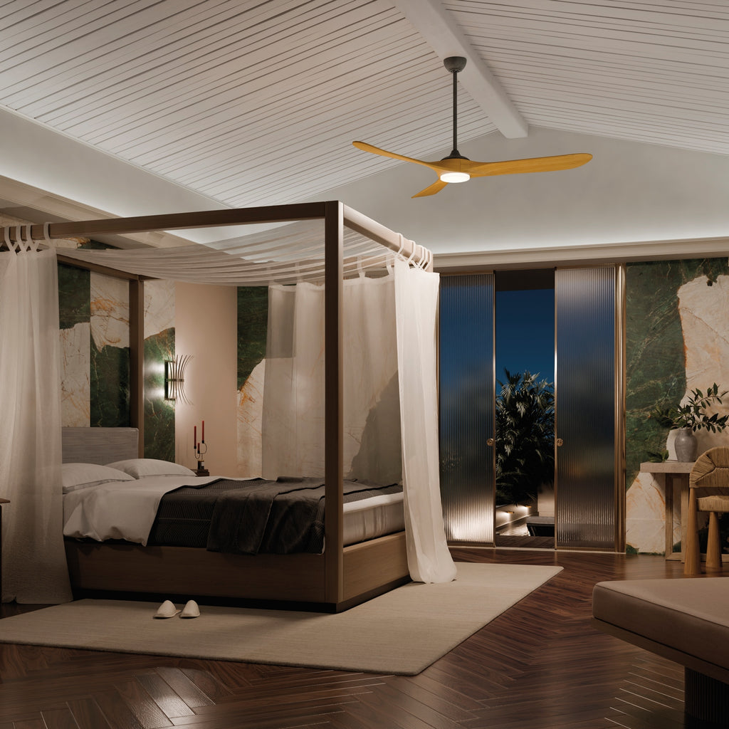 KICHLER 310570AVI 70 Inch Mylo Ceiling Fan With Satin Etch Cased Opal Glass In Anvil Iron With Honey Maple Wood Blades