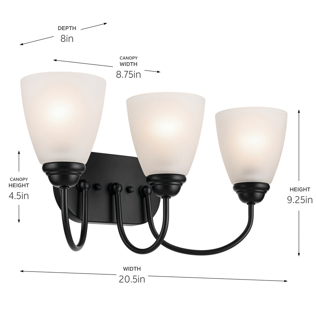 KICHLER 45639BK Jolie 3-Light Vanity Light With Satin Etched Glass In Black
