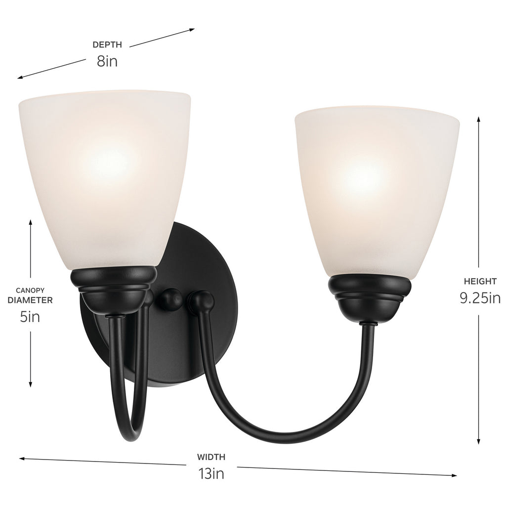 KICHLER 45638BK Jolie 2-Light Vanity Light With Satin Etched Glass In Black