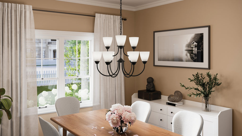 KICHLER 43639BK Jolie 9-Light Chandelier With Satin Etched Glass In Black