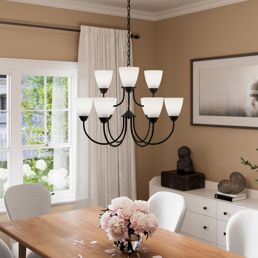 KICHLER 43639BK Jolie 9-Light Chandelier With Satin Etched Glass In Black
